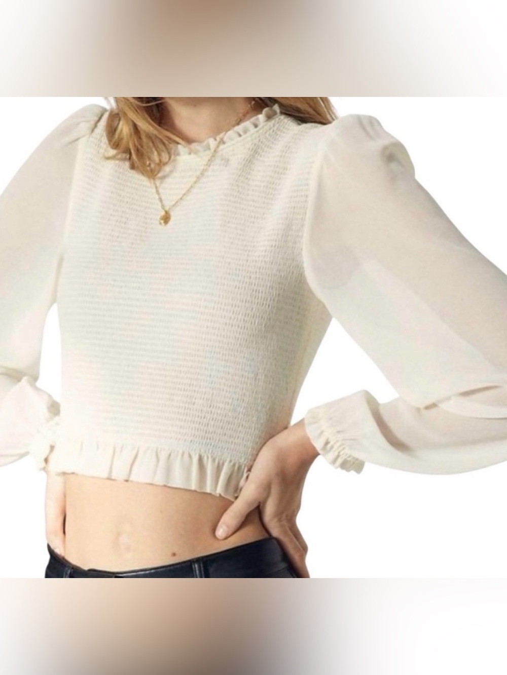 Cream Long-Sleeve Smocked Ruffle Crop Top